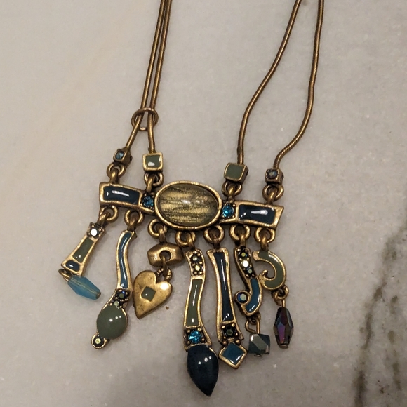 VINTAGE CHICO'S CHATELAINE STATEMENT 2 STRAND BRUSHED GOLD NECKLACE DANGLE BIB - Picture 5 of 11